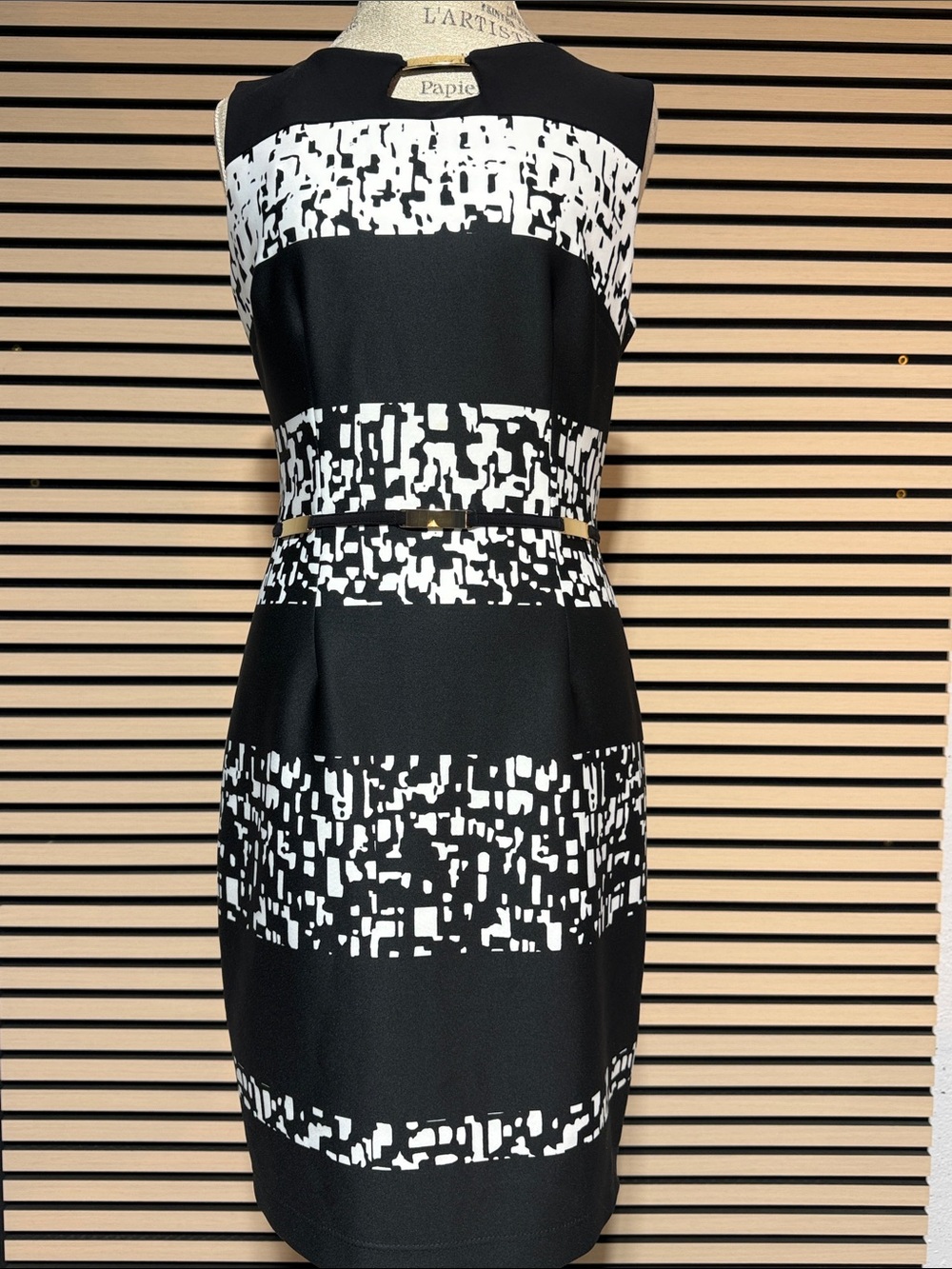 Joseph Ribkoff Black and White Sleeveless Sheath Dress with Abstract Bands